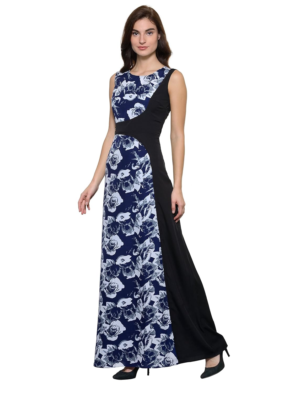 raas pr&ecirc;t women's crepe print asymetric maxi dress (blue,black)