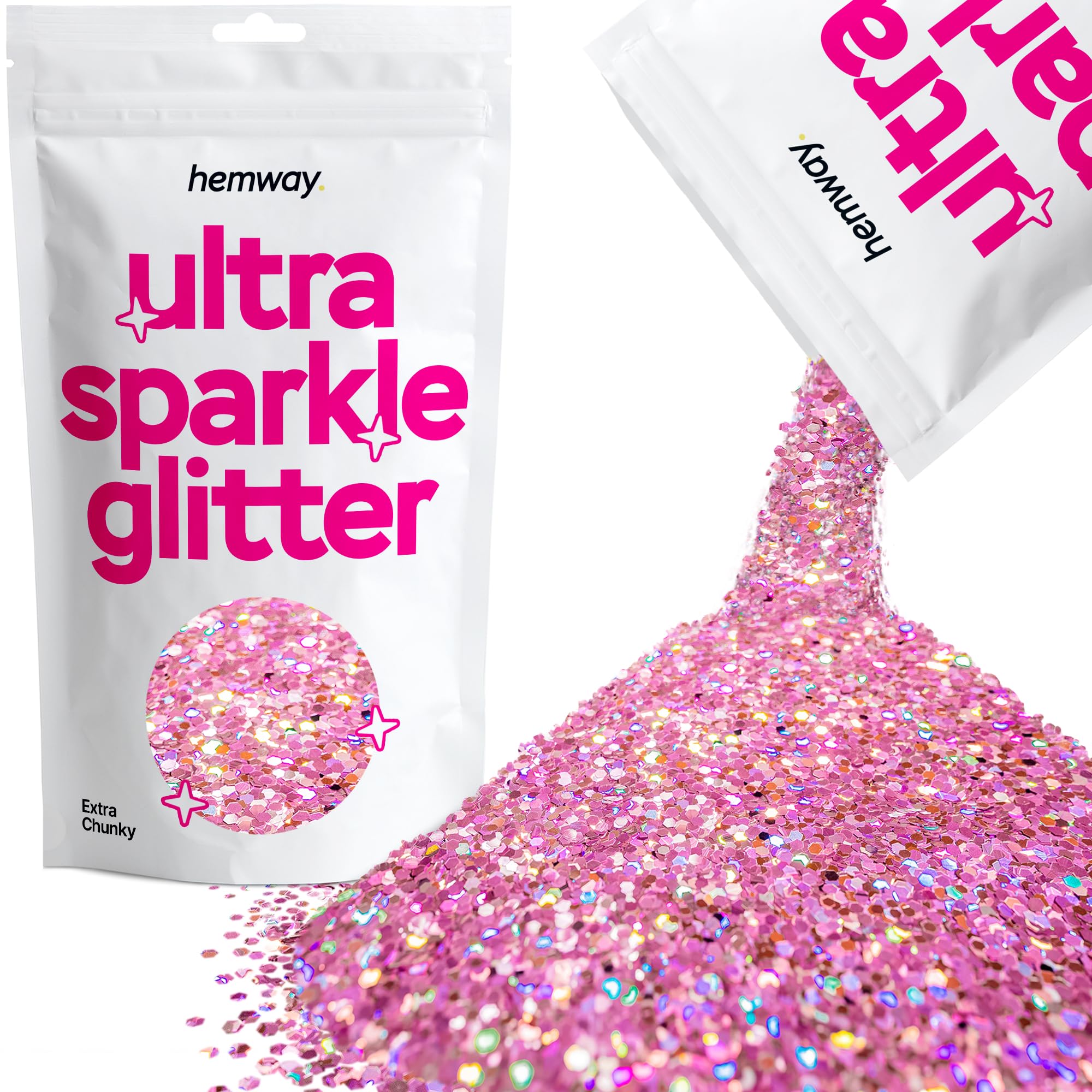 Hemway Ultra Sparkle Glitter Pink Holographic 100g Extra Chunky | Glitter for Arts & Craft, Makeup, Nail Art, Crafting, Card Making, Sparkle Decoration