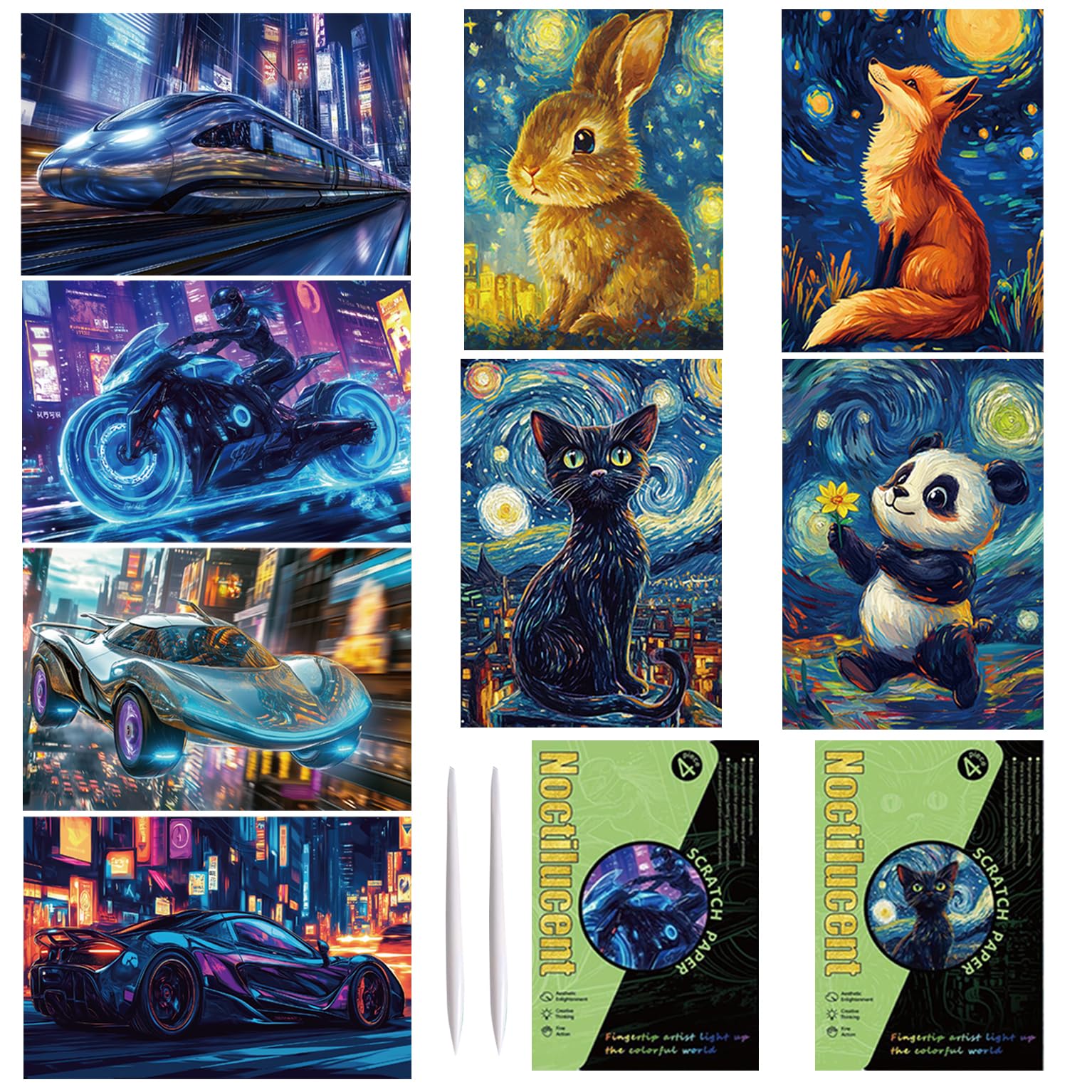 Georgie Porgy Scratch Picture Set DIY Craft Kits for Children & Adults: Magic Rainbow Scratch Paper (A5 Glow-in-the-Dark Cute Animals + Racing Car)