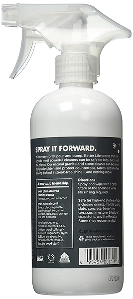 BETTER LIFE GRANITE CLEANER AND POLISH – STONE COUNTERTOP CLEANER FOR MARBLE, QUARTZ, SLATE, CONCRETE SURFACES OR FLOORS – STREAK-FREE GRANITE STAIN REMOVER – 16OZ POMEGRANATE & GRAPEFRUIT