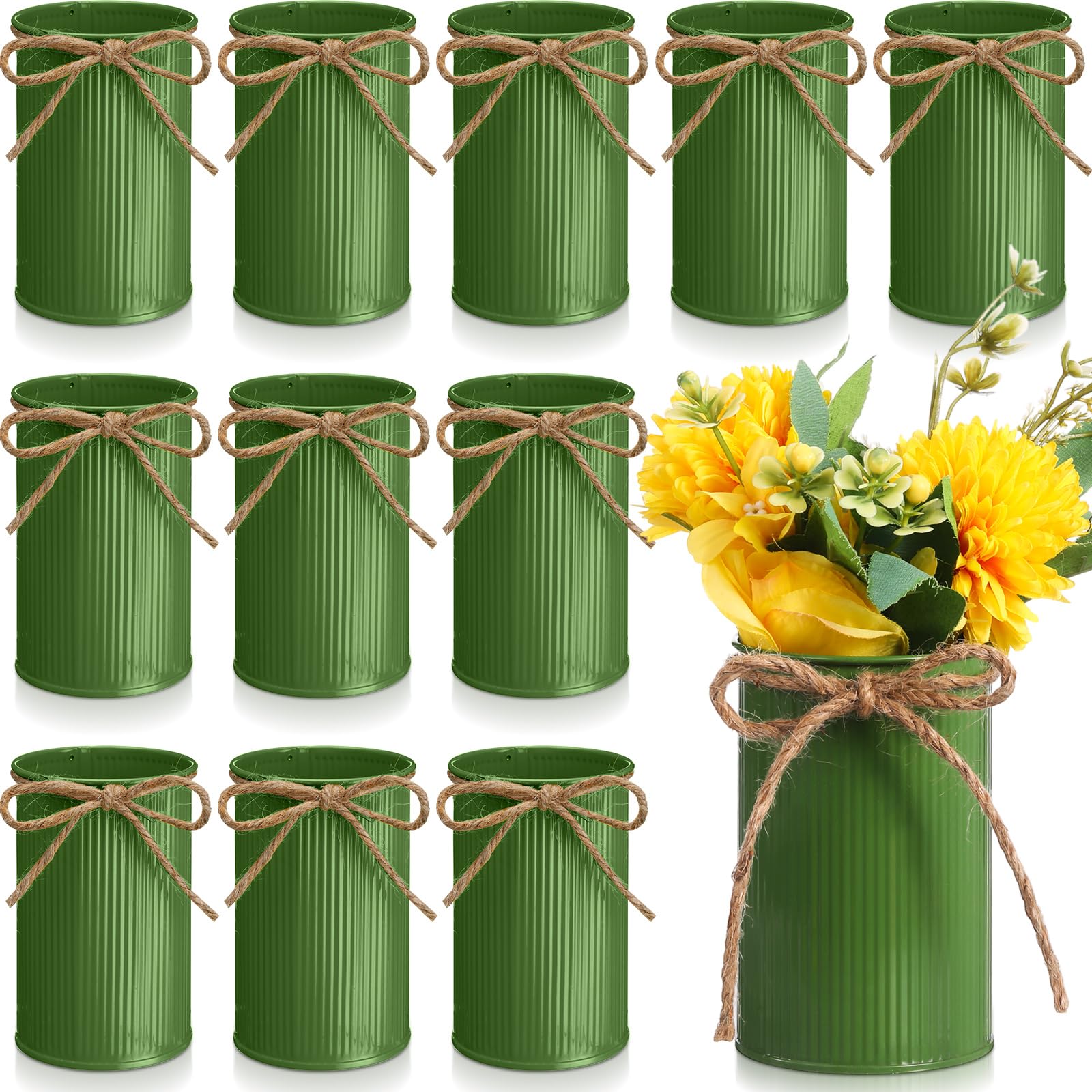 Photo 1 of Rustic Vase for Table Centerpieces 4.33 Inch Small Petite Flower Vase with Twine Bow Vintage Farmhouse Decor for Wedding Reception Dining, Home Galvanized Metal Buckets(Sage Green,12 Pcs)