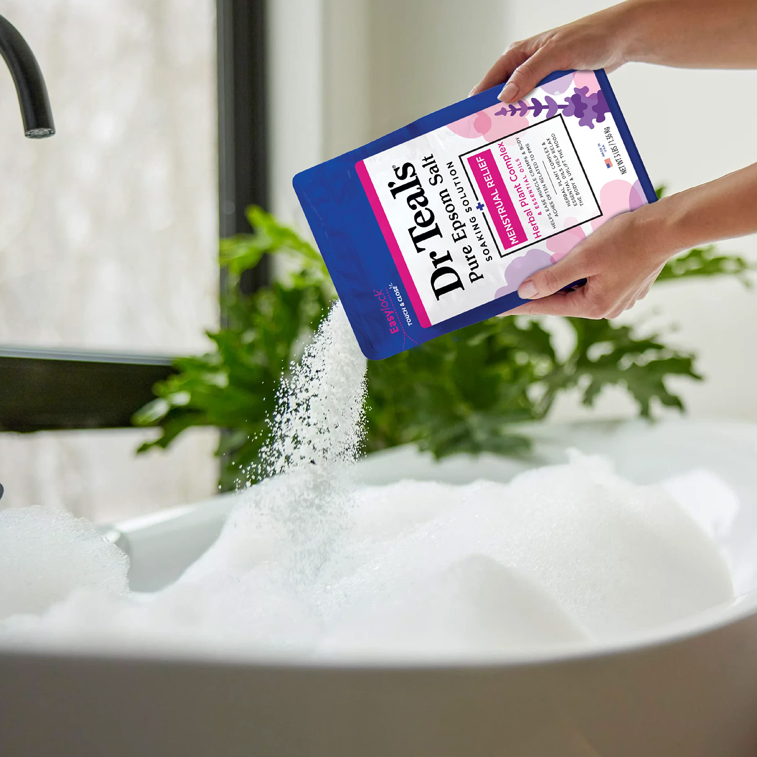 Dr Teal's Pure Epsom Magnesium Salt Soaking Solution, Menstrual Relief with Herbal Plant Complex & Essential Oils 3 lbs (Pack of 4)