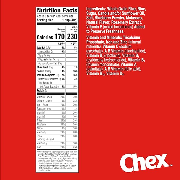 BLUEBERRY CHEX CEREAL, GLUTEN FREE BREAKFAST CEREAL, MADE WITH WHOLE GRAIN, 12 OZ