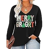 Women Plus Size Christmas Shirt Merry Bright Xmas Long Sleeve Tees Christmas Tree Print Casual V Neck Holiday Tee Tops