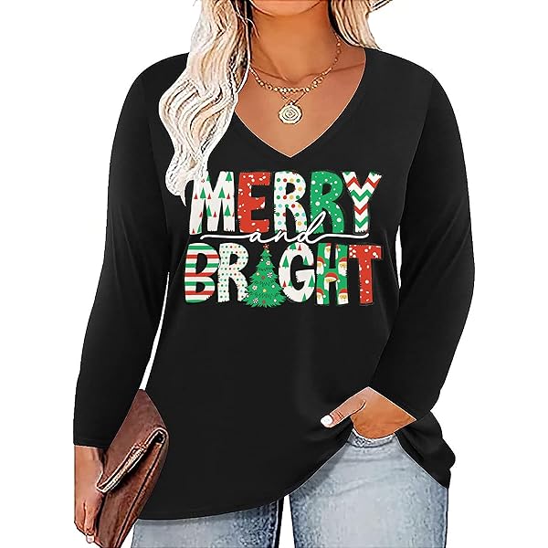 Terecey Merry Christmas Tops voor Vrouwen UK Xmas T-shirt met lange mouwen V -hals Casual Los Lelijk Shirt Vakantie Kleding Grappig Gedrukt T-shirt voor Dames S-2XL, M