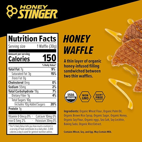 HONEY STINGER ORGANIC HONEY WAFFLE, ENERGY STROOPWAFEL FOR EXERCISE, ENDURANCE AND PERFORMANCE, SPORTS NUTRITION FOR HOME & GYM, PRE & DURING WORKOUT, BOX OF 24 WAFFLES