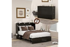 WonderWard Queen Murphy Bed Cabinet with Charging Station for Guest Room, Black Hideaway Murphy Bed Queen with Storage Drawer and Headboard for Bedroom(Mattress NOT Included)