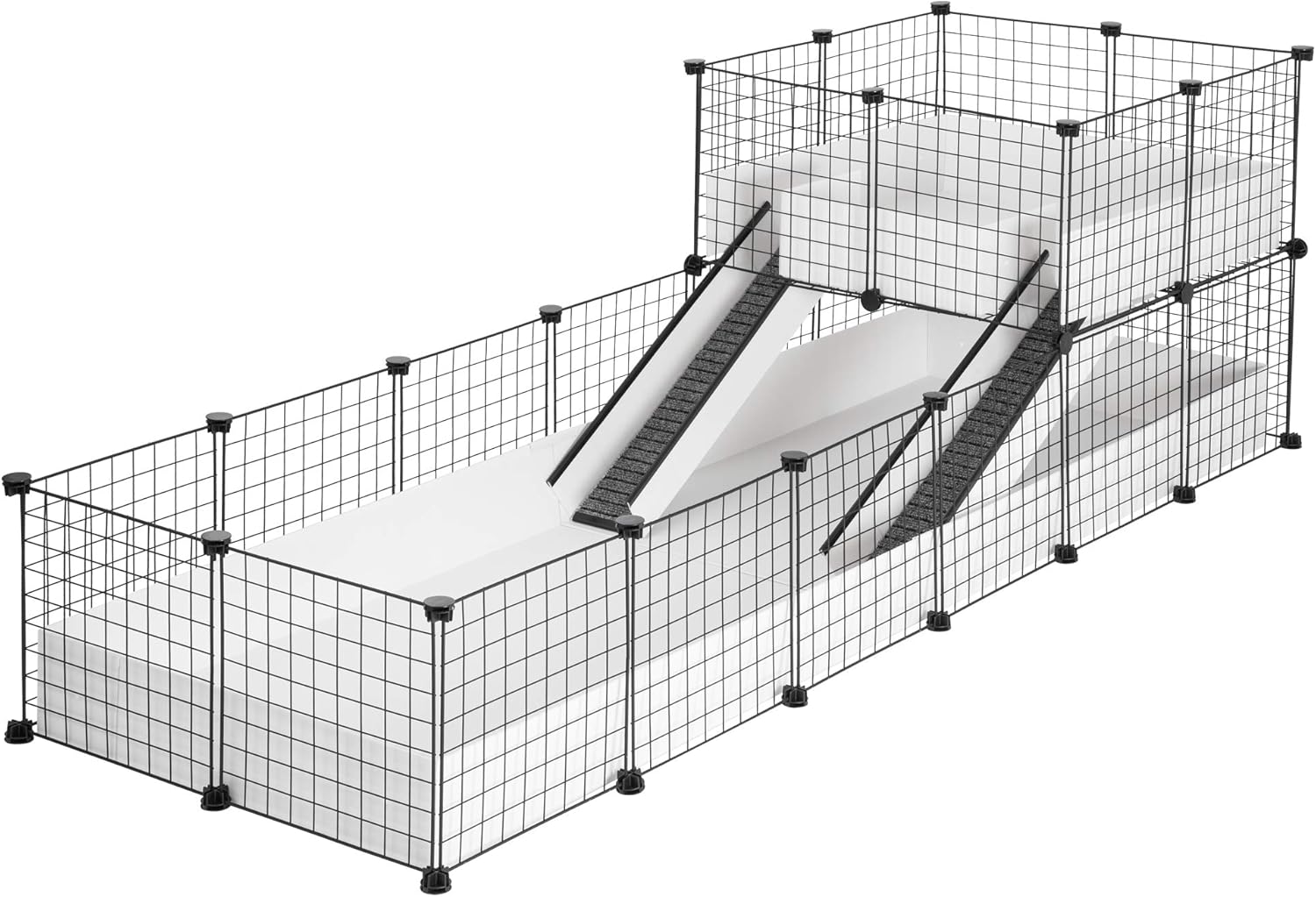 CagesCubes - Jaula CyC Deluxe Plus (Base 2X6 + Loft 2x2 + 2 Escaleras - Panel Negro) + Base de Coroplast en Blanco para cobayas