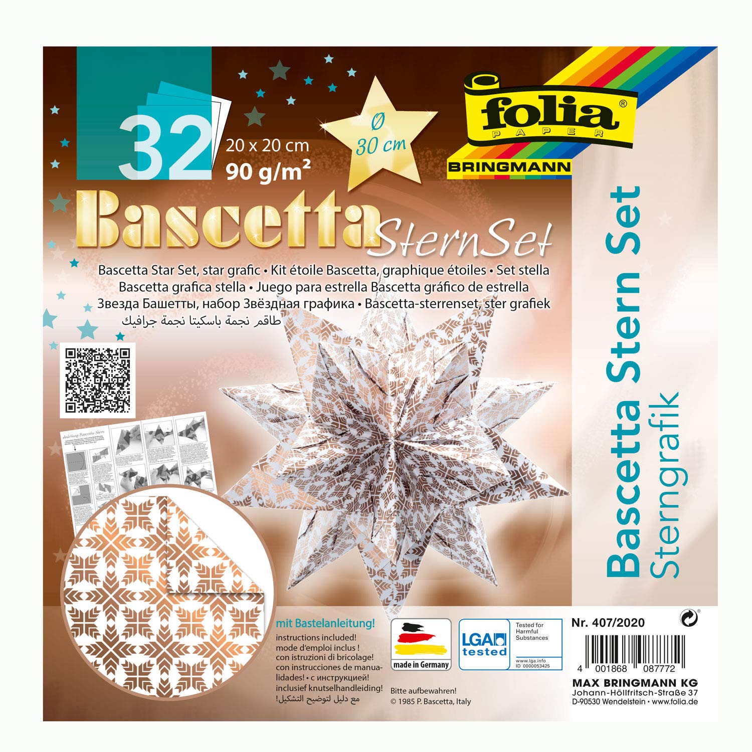 folia 407/2020 Craft Set Bascetta Star Graphics White/Copper, 32 Sheets, 20 x 20 cm, Finished Size of Paper Star Approx. 30 cm, with Detailed Instructions (English Language not Guaranteed), Ideal for