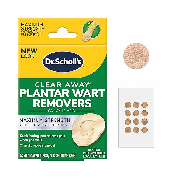 DR SCHOLL’S CLEAR AWAY PLANTAR WART REMOVER // 24 DISCS/24 CUSHIONS, CLINICALLY PROVEN, MAXIMUM STRENGTH WITHOUT A PRESCRIPTION, CUSHIONING PAD RELIEVES PAIN, 24 TREATMENTS