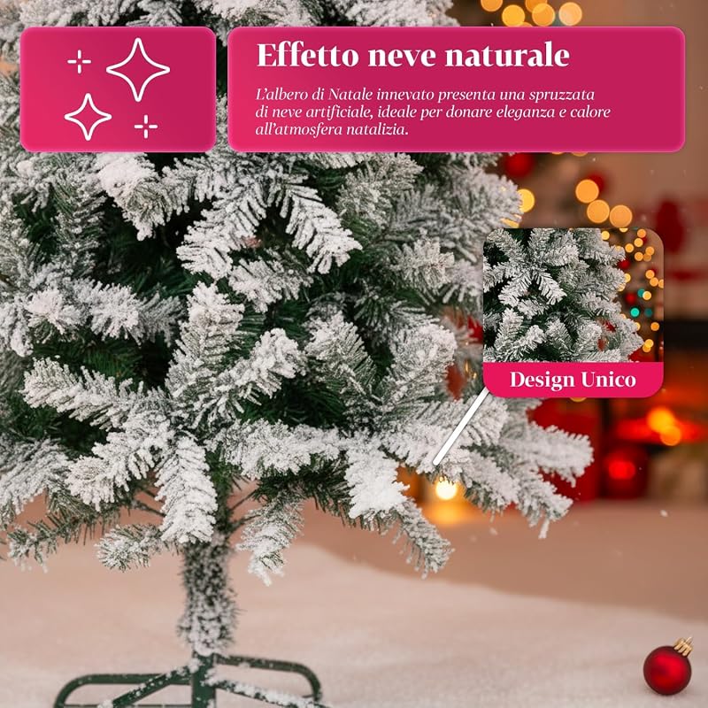 Albero di Natale Artificiale Innevato di 210 cm con 1078 Rami Folto. Perfetto per Interni, Pronto per Essere Decorato con Luci e Ornamenti Natalizi con Base in Metallo e Innesto Facile Ø 110 cm