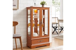 CKEASEAN Curio Cabinet 47" H Vintage Glass Display Cabinet with 3-Tier Adjustable Glass Shelves, Acrylic Mirrored Back Pane, Light Blub Included, China Cabinet for Living Room (Dark Oak)