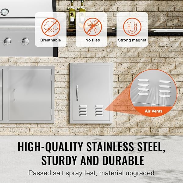 VEVOR BBQ ACCESS DOOR, 17W X 24H INCH SINGLE OUTDOOR KITCHEN DOOR, STAINLESS STEEL FLUSH MOUNT DOOR, WALL VERTICAL DOOR WITH HANDLE, VENTS AND HOOK, FOR BBQ ISLAND, GRILLING STATION, OUTSIDE CABINET