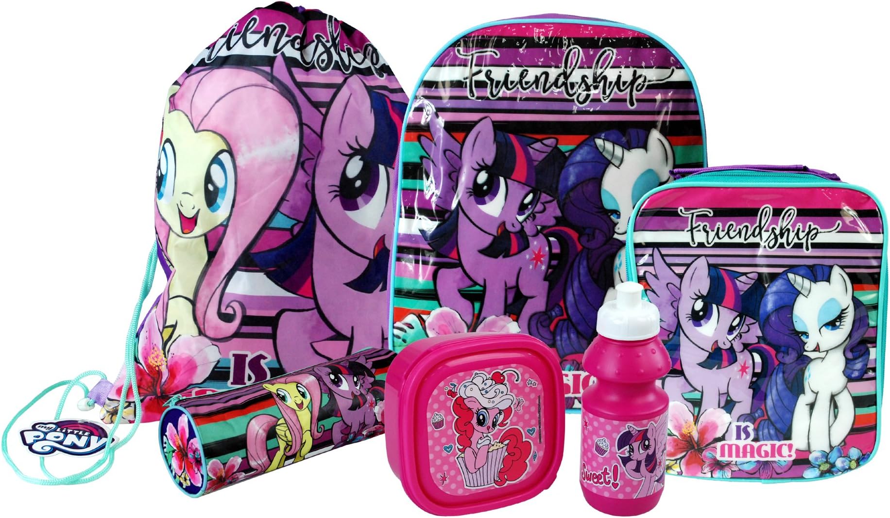 Hasbroยฎ My Little Pony Back to School Sets inc Backpack, Messenger, Trainer Bag, Lunch Sets, Sports Bottle & Pencil Case (6PC Set: Backpack, Trainer Bag, Pencil Case, Lunch Bag, Box & Bottle)