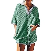 Tankaneo Womens Sweater Set 2 Piece Outfits Oversized 3/4 Sleeve V Neck Knit Tops High Waisted Shorts Lounge Sets
