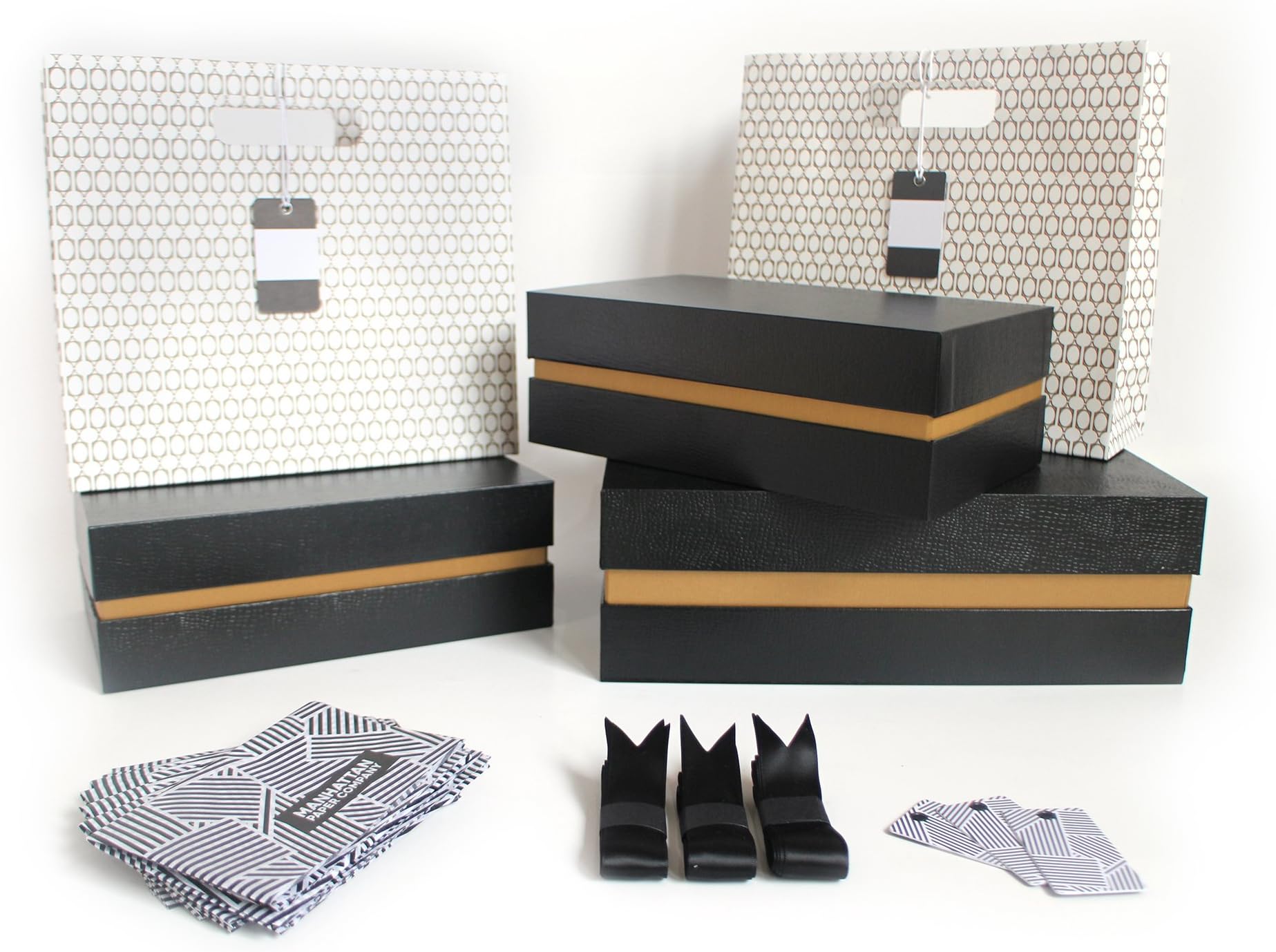 Fancy Black Crocodile Gift Box Kit – SET | 3 Boxes and 2 Gift Bags, Tissue Paper, & Cards | 1 Large & 2 Med Boxes & 2 Bags | Large: 12.5x10.5x3.75 in | Medium: 10.25x6x3.25 in (Manhattan Gold)