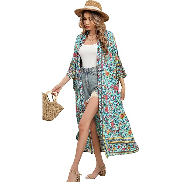Bsubseach Badpak voor dames, cover-up bikini, korte strandjurk, casual blouse, lange mouwen, strandkleding, hemdje, sarongs, Lichtblauw, L