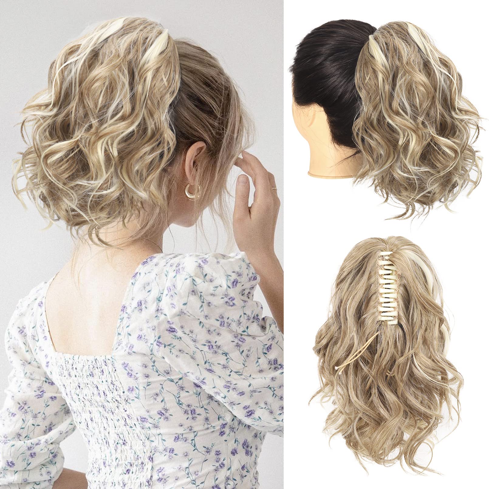 Photo 1 of SEIKEA 10" Short Claw Highlight Ponytail Extension, PT001 Ella Wavy Curly Thick Jaw Clip in Hair Extensions Ponytail Soft Natural Looking Synthetic Hairpiece Dark Blonde White Blonde Highlights