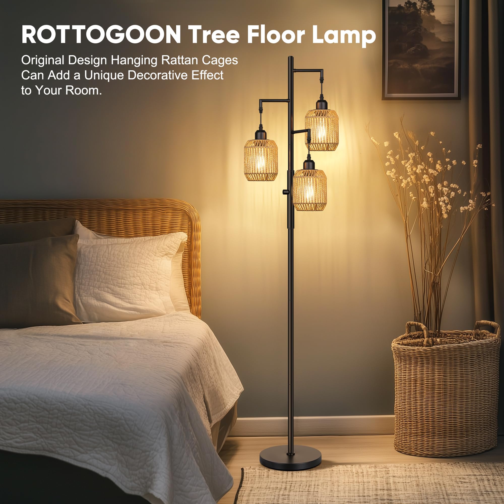 ROTTOGOON Dimmable Boho Floor Lamp - 3 Light Farmhouse Rattan Floor Lamp for Living Room, Industrial Tree Floor Lamps with 3 X 6W LED Bulbs, Rustic Standing Tall Lamp for Bedroom, Office, 68