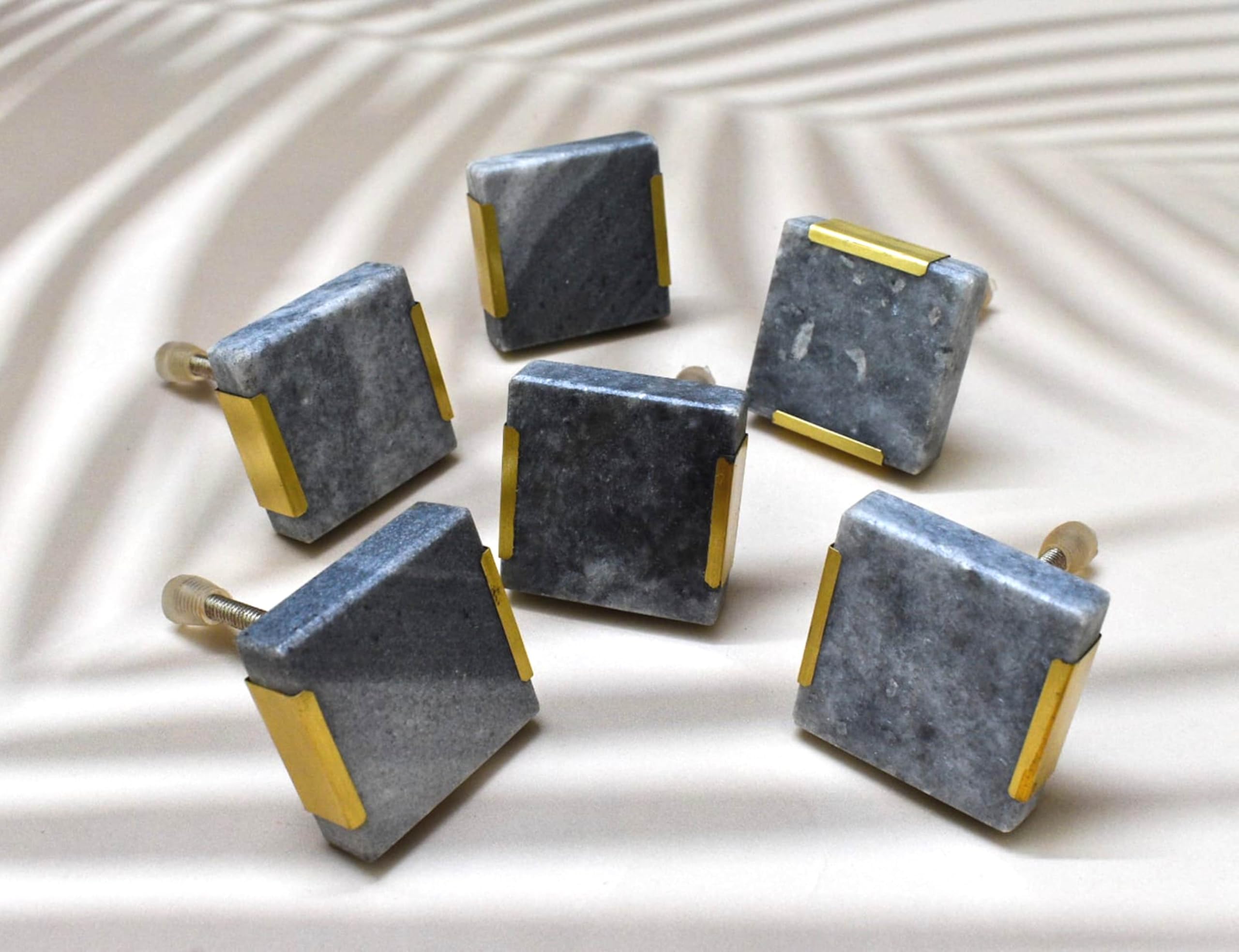ARTISNO Square Marble Brass Knob, Modern Cabinet Knob, Decorative Hardware, Furniture Hardware, Cabinet Handles, Dresser Pull (Grey), Set-6