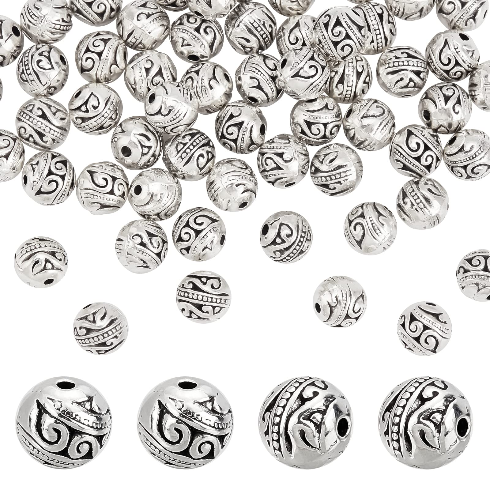 PH PandaHall 60pcs 8mm Silver Spacers Beads Tibetan Alloy Metal Charms Beads Round Sliver Bead for Jewellery Making Bracelet Crafting Hole: 1.5mm