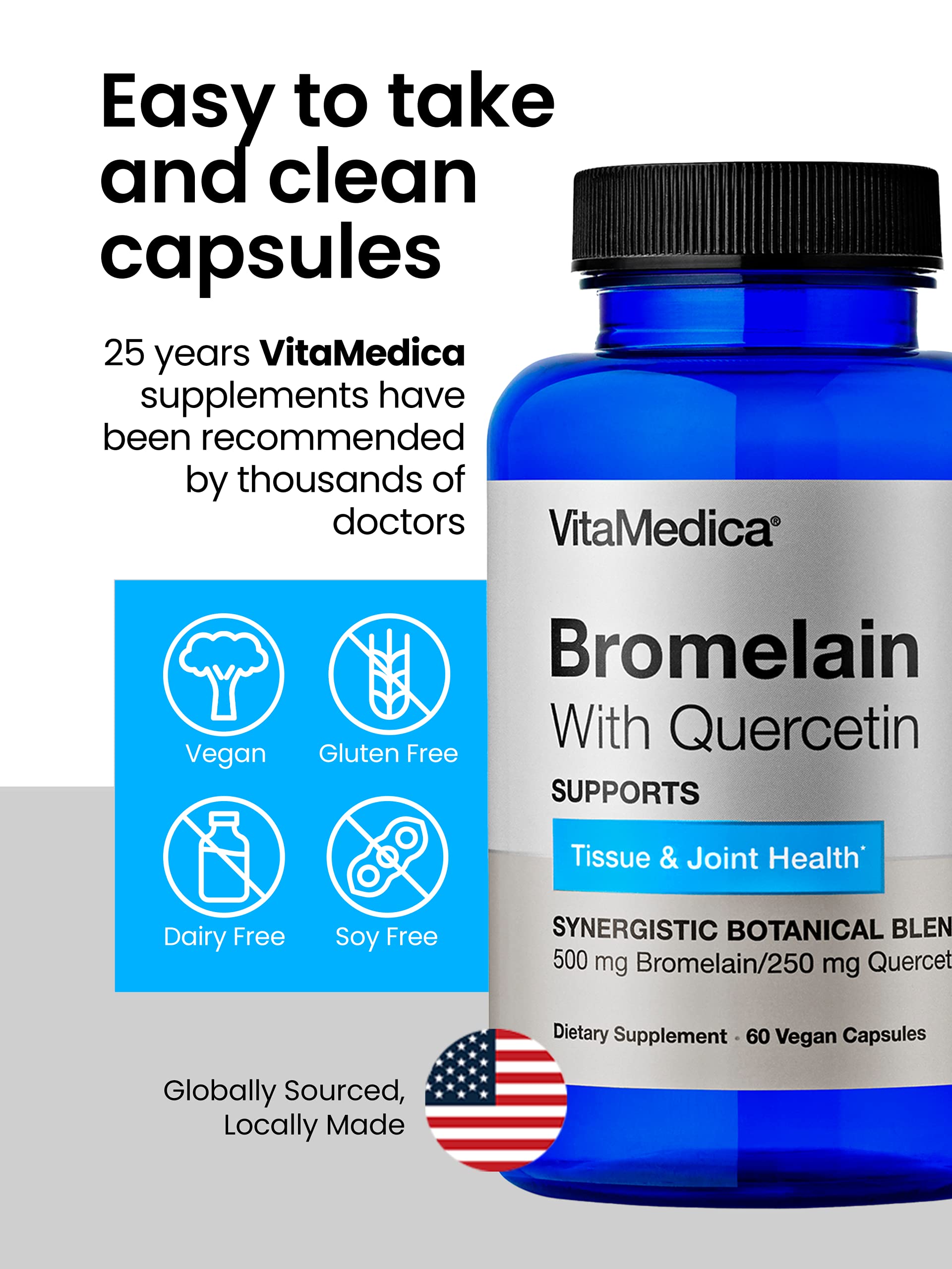VitaMedica Bromelain & Quercetin Supplement - 500mg Bromelain 250mg Quercetin - 2400 GDU for Immunity, Joint Support, Inflammation and Muscle Recovery - 60 Vegan Capsules - 30 Servings