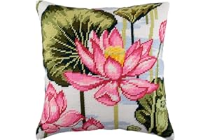 Brvsk Floral Needlepoint Kit for Adults and Beginners — Lotus 16″ × 16″ with Clear, Precise Printed Design on Cotton Canvas; Includes 2 Needles, Yarn, and Easy-Read Chart