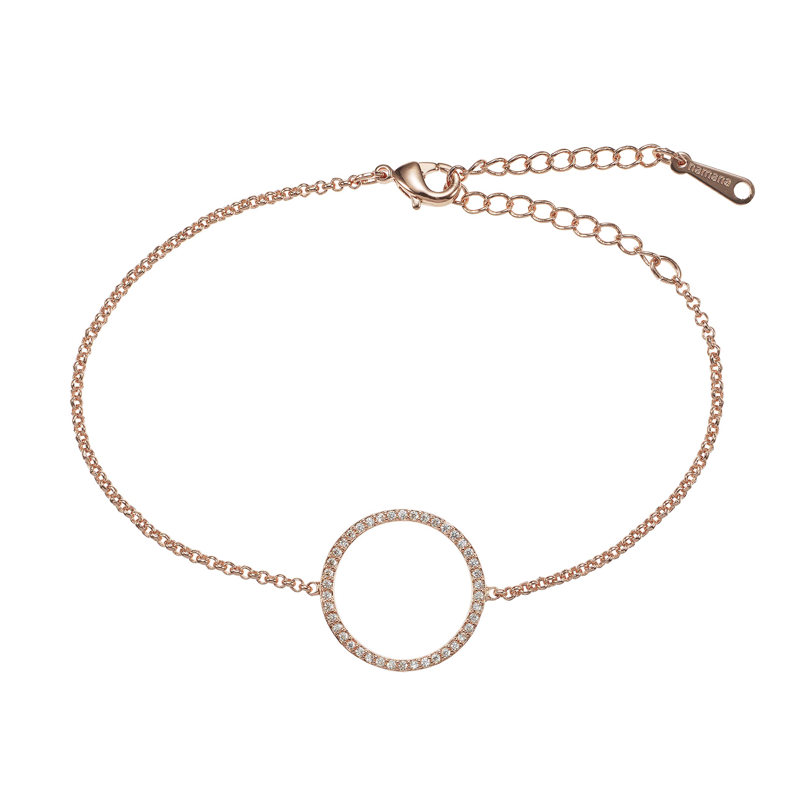 namana Circle Bracelet for Women. 18 Carat Rose Gold Plated or Fine Silver Coloured Bracelet set with AAA Cubic Zirconia Gemstones. Bracelet with a Gift Box (Rose Gold, 18ct Gold Plated Base Metal)