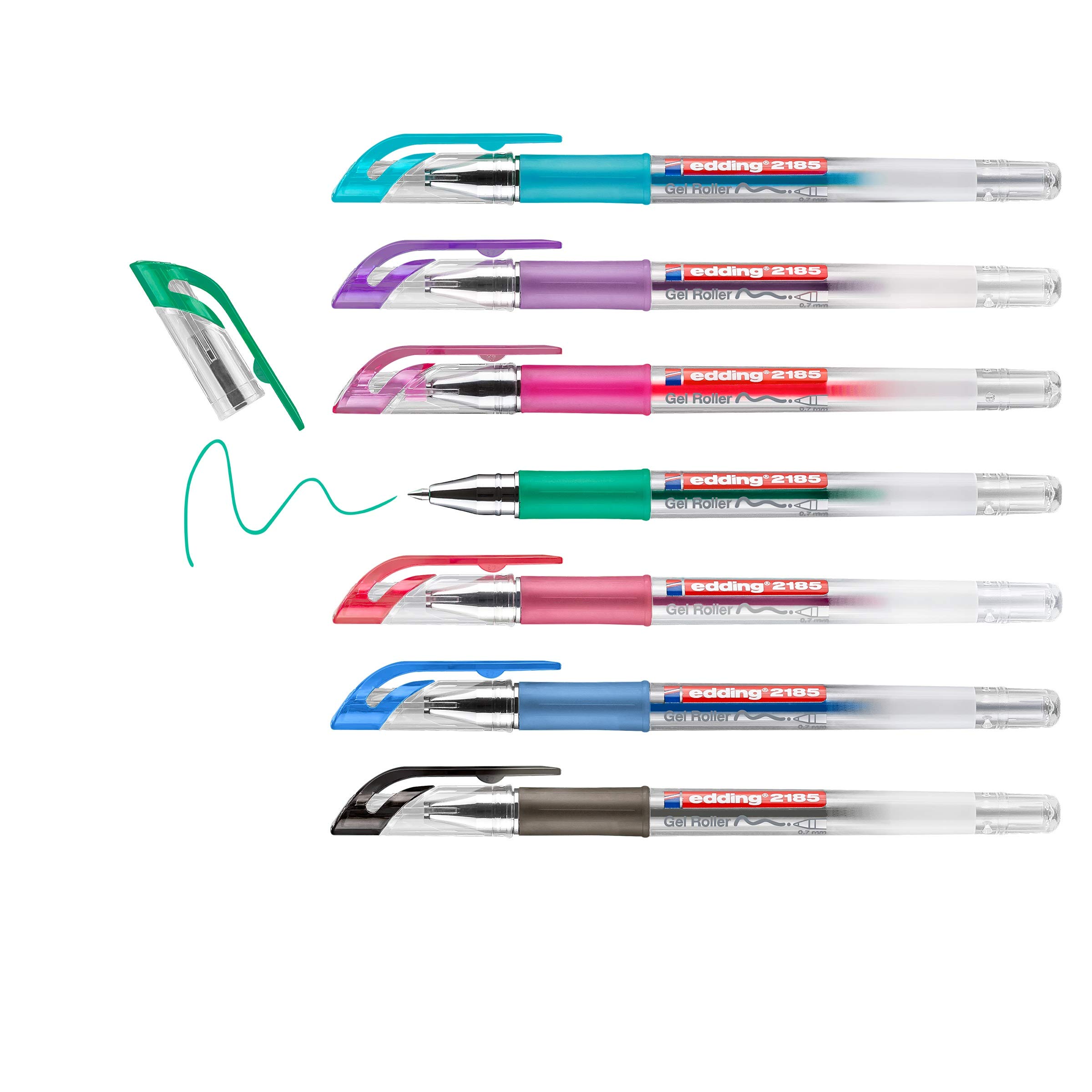 edding 2185 gel roller - black, red, blue, green, violet, pink, light blue - set of 7 - 0.7 mm - gel pen for writing, drawing, colouring mandalas, bullet journals - colour gel pen set