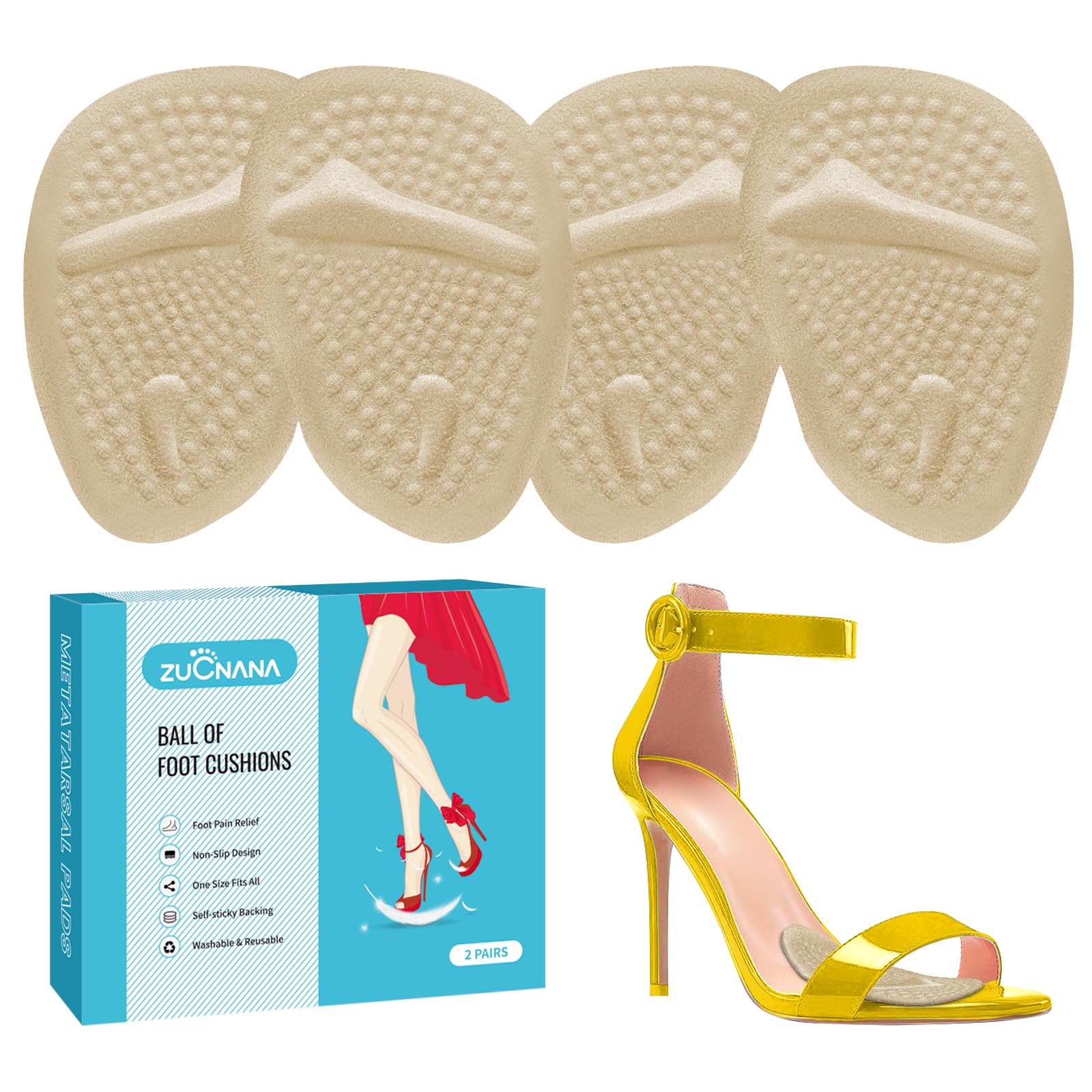 Photo 1 of ZUCNANA Metatarsal Pads for Women, Ball of Foot Cushions, Non Slip Heel Pads for Shoes, Heel Cushions for Women Foot Pain Relief and Comfort, One Size Fits Any (2 Pairs Beige)
