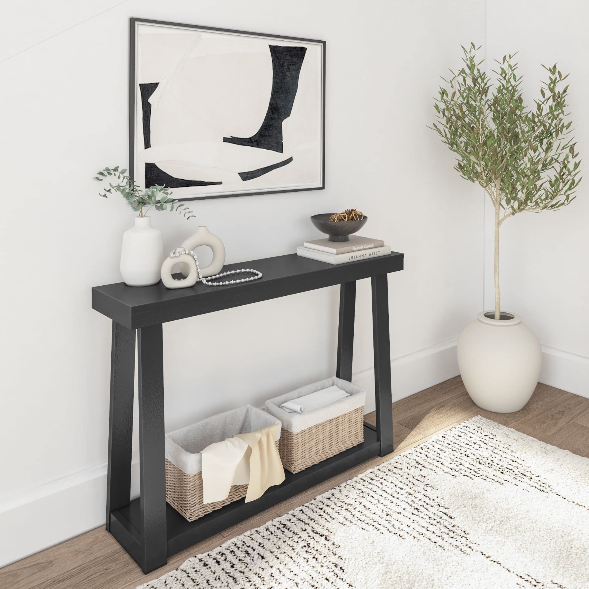 Plank+Beam Solid Wood Console Table with Storage, 46 Inch, Sofa Table with Shelf, Narrow Entryway Table for Hallway, Behind The Couch, Living Room, Foyer, Easy Assembly, Black Image