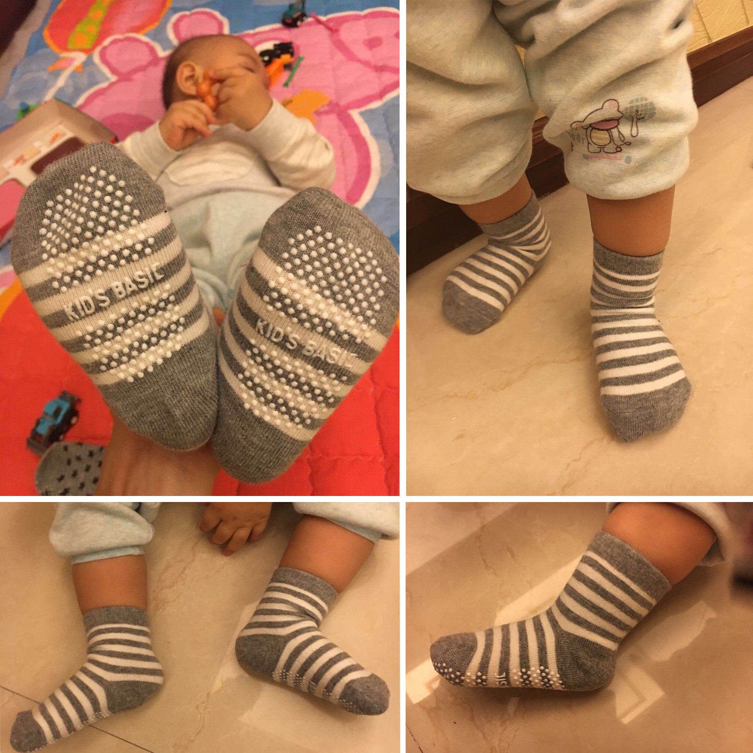 6 pair Non Skid Anti Slip Slipper Cotton Crew Socks With Grips For Baby Toddler Boys, Future Founder (Black-grey-white)