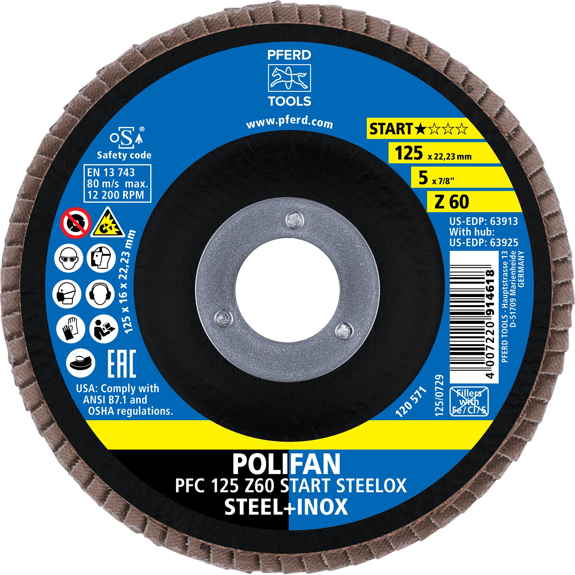 PFERD Polifan Z-Box 69300935 Serrated Washer 125 mm, Z60, 22.23 mm Bore, for High Cutting Performance and Solid Service Life on Steel and Stainless Steel (INOX)