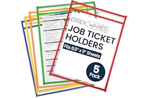 Essex Wares - 5 Pack, Assorted, Job Ticket Holders, 10" Wide x 13.5" Tall - Clear Plastic Shop Ticket Holders - Easy to Use, Reusable & Easy Erase Plastic Invoice Holders, Water-Resistant & Durable