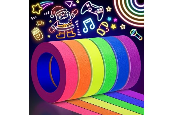 Ealyder Tape 6 Colors Neon Gaffers Cloth Tape - 0.6 inch x 16.5 feet, Fluorescent Colors UV Blacklight Glow in The Dark Tape