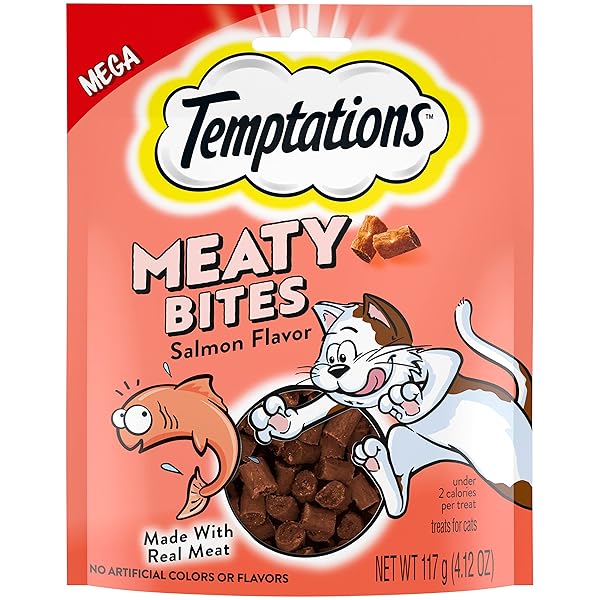 TEMPTATIONS MEATY BITES SOFT AND SAVORY CAT TREATS SALMON FLAVOR, 4.12 OZ. POUCH