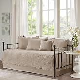 Madison Park Coastal Medallion Quilted Daybed Cover Set, 6PC, 39"x75" | All Season, Pre-Washed Cotton-Filled Coastal Bedding with Scallop Edge, Shams, Bed Skirt, Decorative Pillows, Khaki