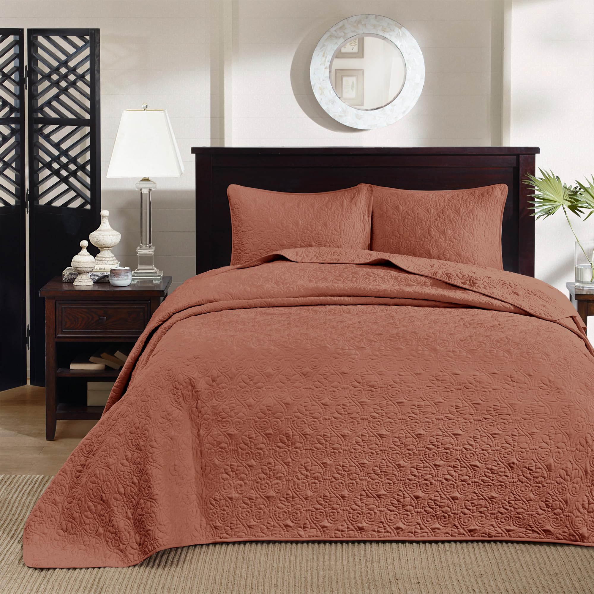 Madison Park King Quilt Set Reversible Damask Quilted Coverlet for King Size Bed, Cotton-Filled Quilts, All Season, Lofty & Warm Bedspread, Quebec, King Clay Red 3 Piece Image