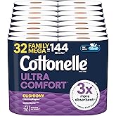 Cottonelle Ultra Comfort Toilet Paper with Cushiony CleaningRipples Texture, 32 Family Mega Rolls = 144 Regular Rolls (8 Packs of 4)