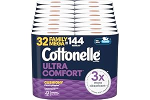 Cottonelle Ultra Comfort Toilet Paper with Cushiony CleaningRipples Texture, 32 Family Mega Rolls = 144 Regular Rolls (8 Packs of 4)