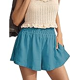 Tomosc Linen Shorts for Women Summer Casual Elastic High Waisted Wide Leg Loose Beach Shorts with Pockets