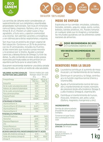 Semillas peladas de cáñamo BIO. 100% Vegano. Raw. 1 Kg.