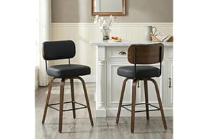 Swivel Bar Stools Set of 2, 26" Upholstered Counter Height Bar Stools with Back and Walnut Wood Legs, Faux Leather Barstools 