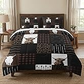 WeCozy King Size Comforter Set with 2 Pillowcases, Highland Cow Animal 3 Pcs Bedding for Kids and Adults, Brown Farm Vintage Print Soft Comforter Set for Bedroom Bed Decor