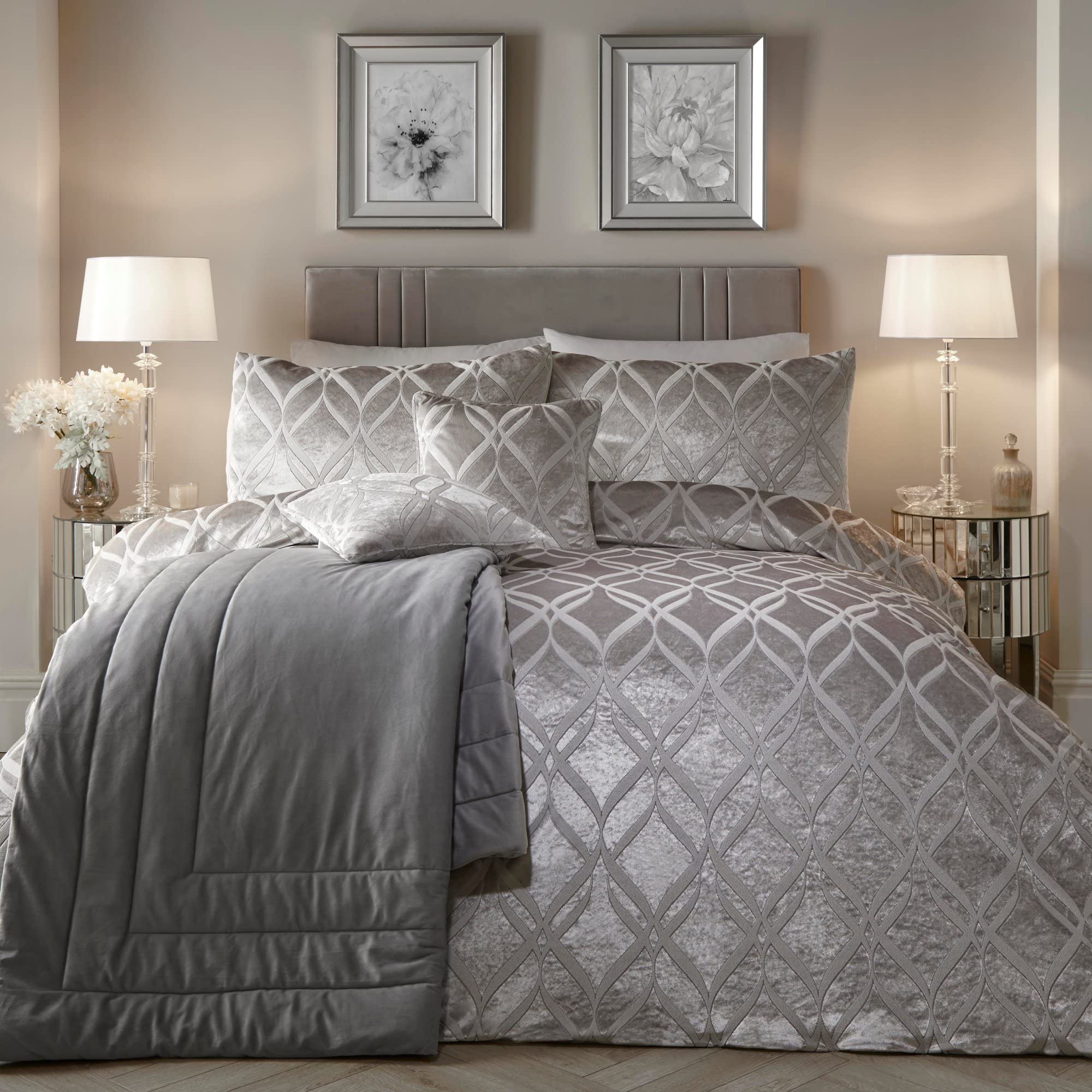 SOIREE Silver Ogee Velvet Duvet Cover – King Size (230x220cm) – Luxury Jacquard Bedding Set – 2 Pillowcases – Soft & Glamorous Bedroom Decor — image 1