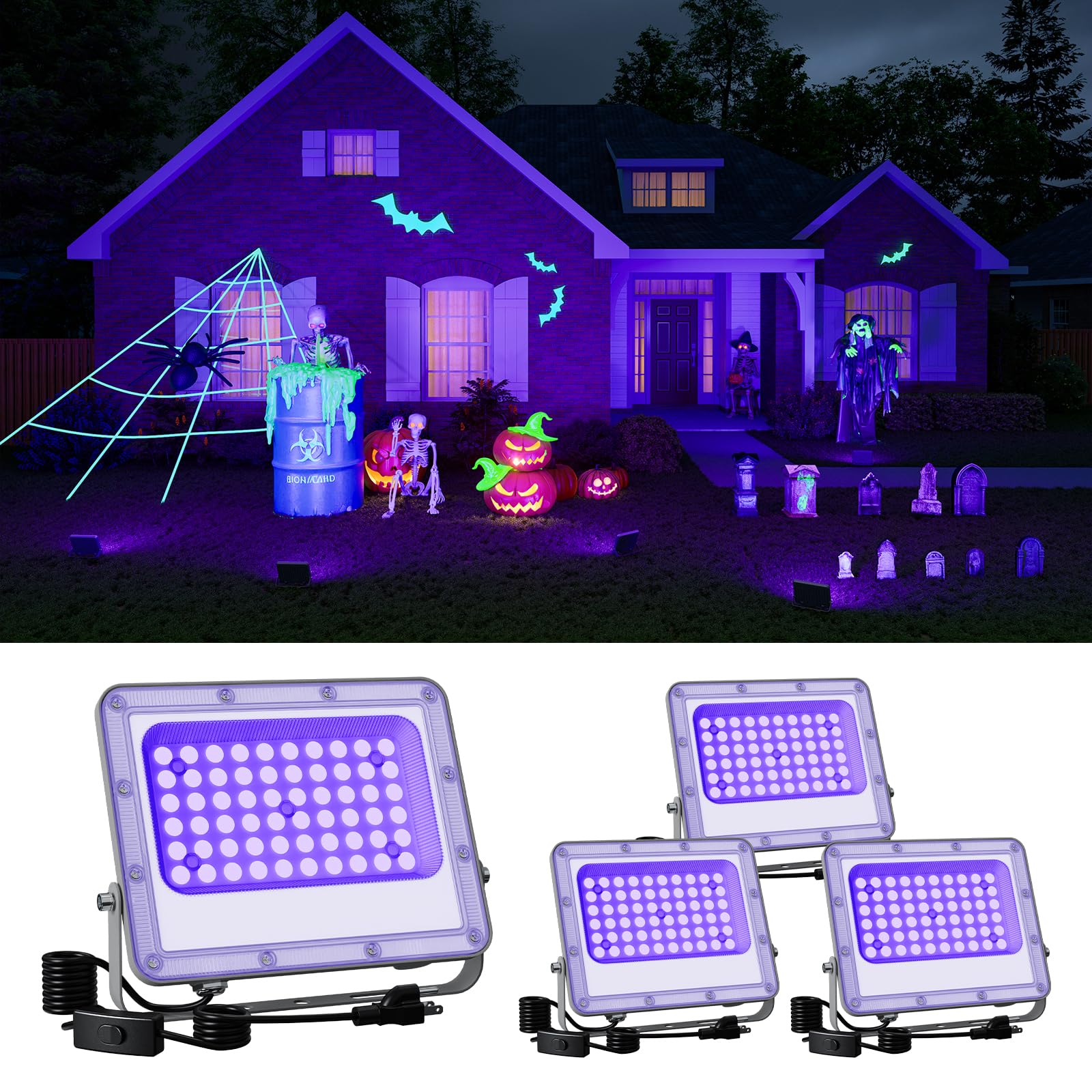 Photo 1 of 4 Pack 50W Halloween Blacklight Flood Lights Wired 120V IP66 Waterproof UV Led Black Lights for Holiday Decor, Skeleton, Bat, Witch, Body Paint, Glow Party, Purple Ambiance Lighting for Wall, Yard