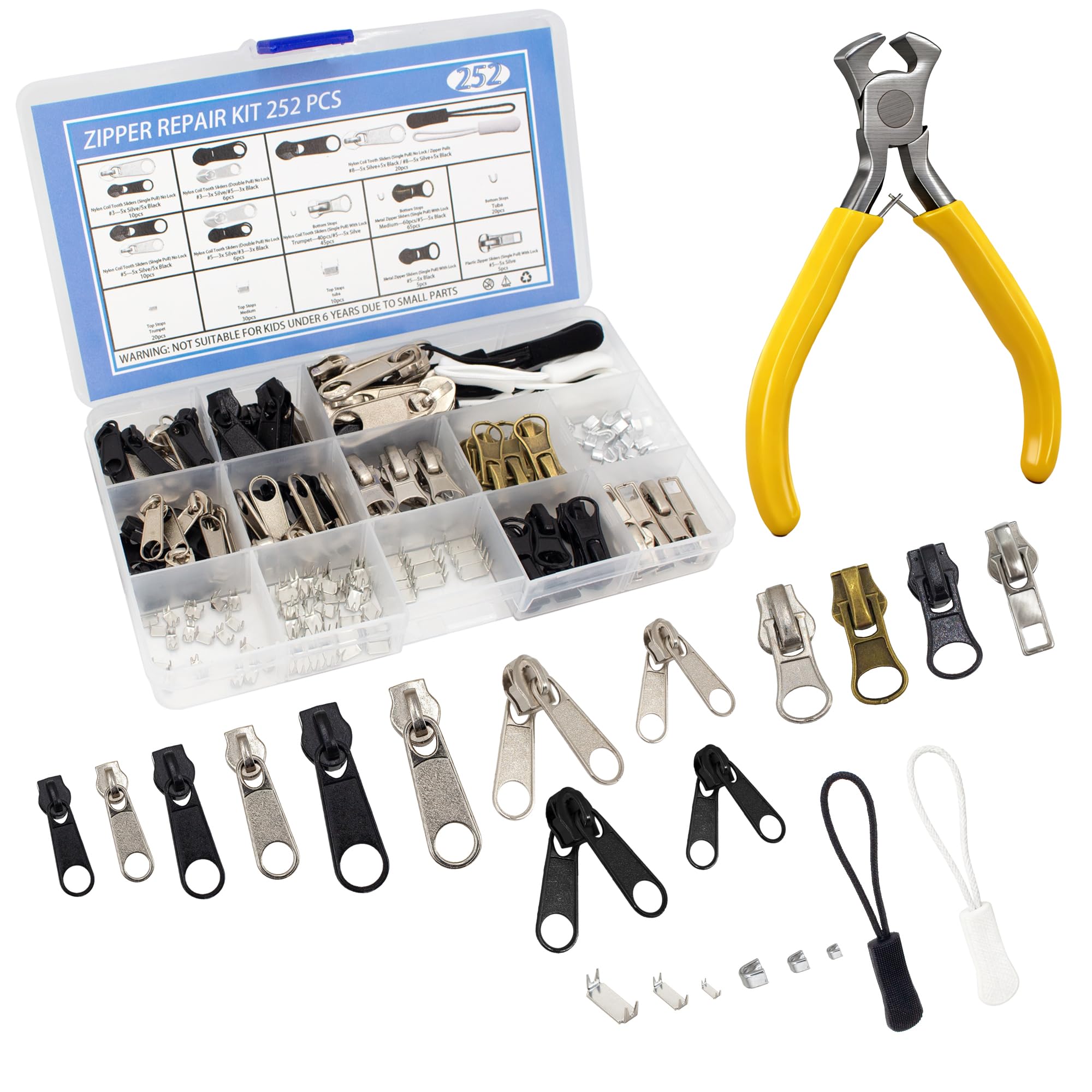 Photo 1 of 252Pcs Zipper Repair Kit Replacement Zippers Sliders Universal Zippers Fix Repair with Pulls and Pliers for Clothes Backpack Boot Tent DIY #3#5#8 Sizes
