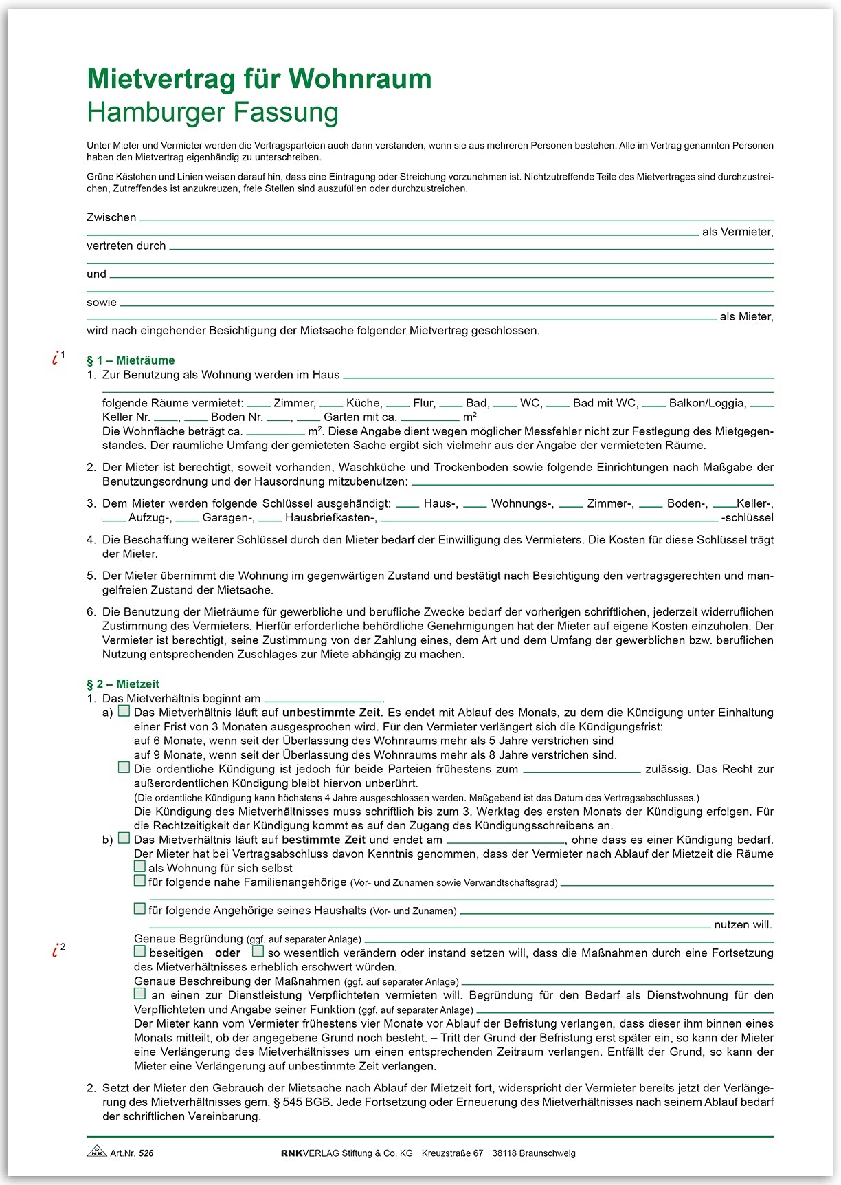 RNK 526 Rental Agreement for Hamburg Living Room 12 Pages Format DIN A4 Pack of 1
