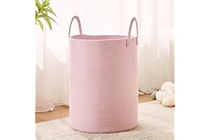MOJOSCEND Pink Laundry Basket Hamper for Girls Kids Baby, 15Dx20H Inches Large Nursery Hamper Bin, Woven Storage Basket for Living Room Girls room, Boho Tall Rope Baskets for Blanket Toys-60L