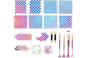 eggigi 19Pcs Mermaid Scale Stencil Kit, Reusable 11pcs Mermaid Scale Stencil Kit 4 Pcs Makeup Brushes 2 Bottles Glitter for W
